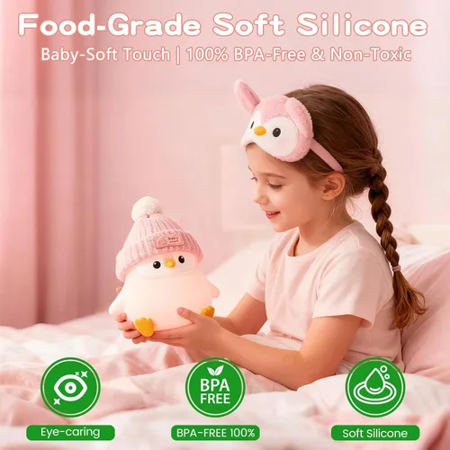 Miniatura 4 de Luz nocturna de silicona de pingüino, bonita lámpara de pingüino rosa con sombrero, luz nocturna de guardería para bebé, recargable/regulable, Bebé
