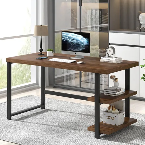 Miniatura 3 de FOLUBAN Escritorio para computadora de 47 pulgadas, escritorio pequeño para el hogar y oficina con estantes de almacenamiento, mesa de estudio, Nogal