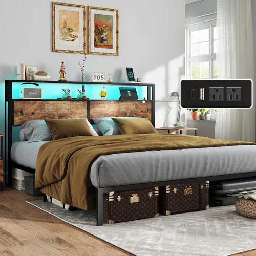 Miniatura 10 de Base de cama tamaño completo con cabecero, estructura de cama de plataforma metálica con luces LED y estación de carga, almacenamiento debajo
