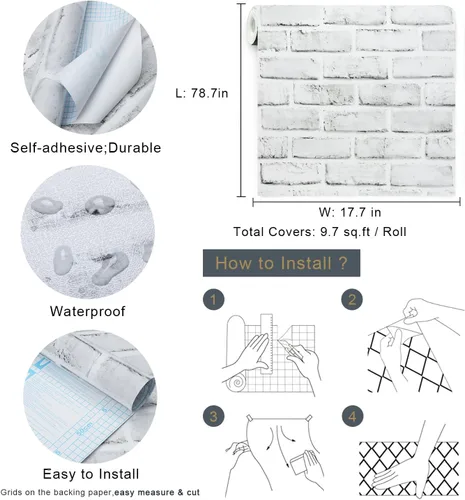 Miniatura 7 de Timeet - Papel pintado de despegar y pegar, papel de contacto de ladrillo blanco gris, papel de pared 3D autoadhesivo extraíble para dormitorio