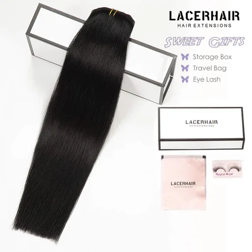 Miniatura 7 de Lacer Hair Glam - Extensiones de cabello humano con clip, sin costuras, color negro hueso, 4.33 oz, 7 unidades, 20 pulgadas, con clip de trama