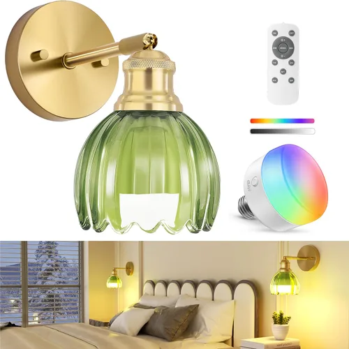 VOLISUN Aplique de pared vintage operado por batería, con pantalla de vidrio tulipán verde, aplique de pared inalámbrico, luz de pared recargable