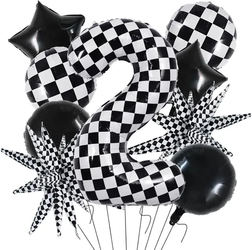 Miniatura 17 de TONIFUL 18 globos a cuadros blancos y negros, globos de carreras de 18 pulgadas para decoraciones de fiestas temáticas de autos de carreras rápidas