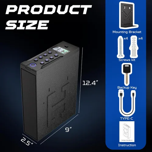 Miniatura 6 de AirWire Caja fuerte para pistola, caja fuerte de pared para 4 pistolas de acceso rápido, huellas dactilares, acceso con llave, código de clavija