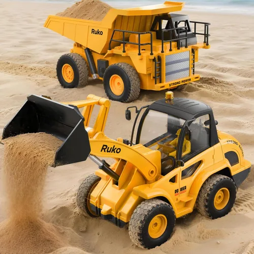 Ruko 1560 Juego de juguetes de construcción, camión volquete y cargador frontal con control remoto, vehículos RC de 9 canales con luces realistas