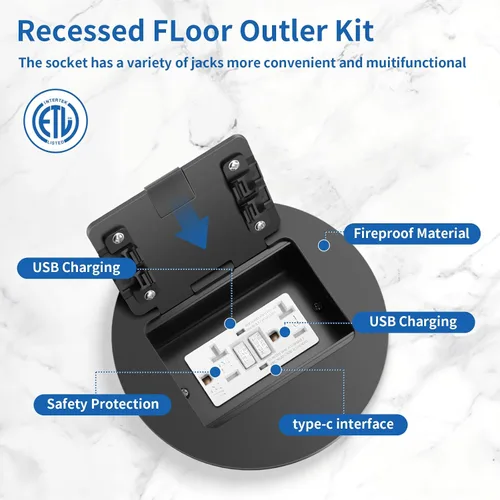 Miniatura 2 de Kit de toma de corriente eléctrica de piso empotrado, salida dúplex GFCI circular oculta de 20 amperios, salida de receptáculo resistente a