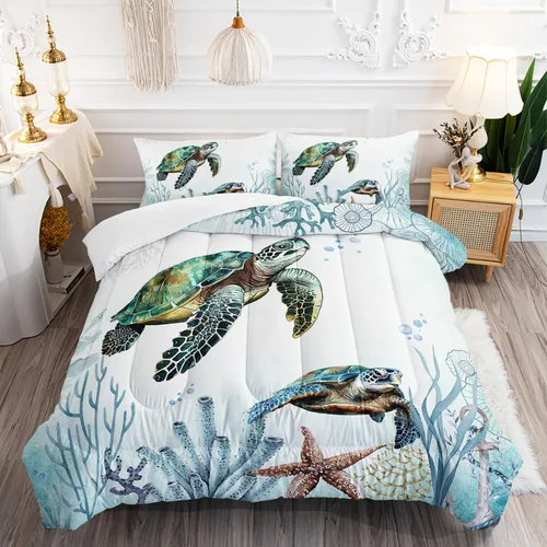 Miniatura 27 de AILONEN Lindo juego de edredón de ajolote tamaño Queen, 3 piezas para niños y niñas, ropa de cama en una bolsa, ropa de cama costera azul turquesa
