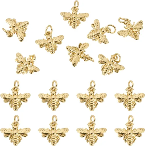 Miniatura 26 de FASHEWELRY 20 dijes de abejas de latón chapados en oro de 18 quilates, dijes de abeja dorados, dijes de joyería rellenos de oro con anillo de salto