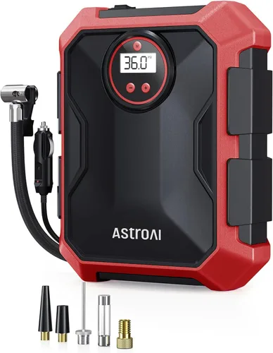 AstroAI Inflador de neumáticos, compresor de aire portátil de 12 V CC 100 PSI, almacenamiento integrado, indicador digital, apagado automático, luz