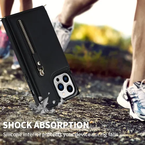 Miniatura 3 de Funda cruzada para teléfono iPhone 13 Pro Max de cuero con tarjetero, funda protectora extraíble, correa de cuero ajustable con botón, compatible