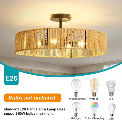 Miniatura 3 de hesoge Lámpara de techo de ratán estilo bohemio, rústico, color negro, semiempotrada, de 20 pulgadas, 4 luces, para casa de campo, pasillo