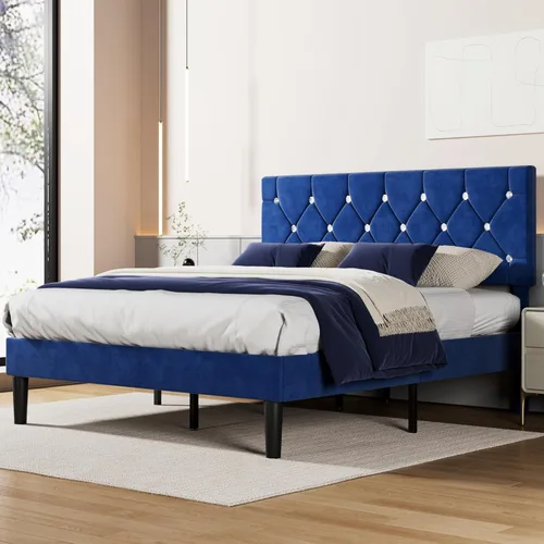 Miniatura 21 de VECELO Base de cama de tamaño individual, plataforma tapizada con cabecera ajustable de diamante, soporte de listones de madera, no necesita somier