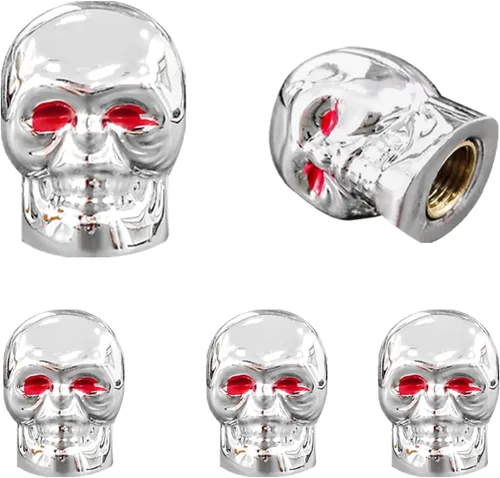 Dickno 5 tapas de vástago de válvula de neumático estilo calavera con anillo de goma, cubiertas de tapones de aire de coche con ojos rojos, tapas de