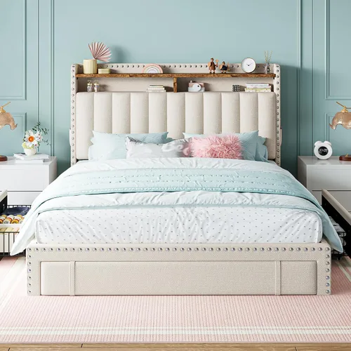 Miniatura 5 de EnHomee Marco de cama Full tapizada con 3 cajones de almacenamiento, cabecera de almacenamiento de 2 niveles, marco de cama de plataforma
