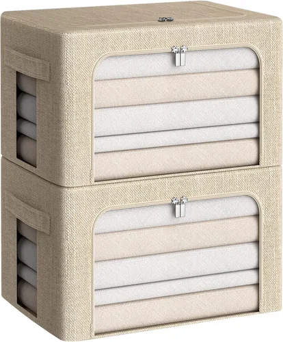 Miniatura 13 de CYhom Caja de almacenamiento de ropa, juego organizador plegable de tela de lino con ventana transparente, asas de transporte y marco de metal, 2