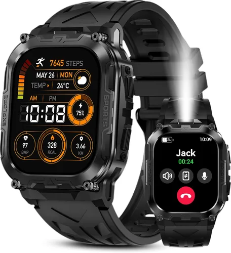 AMAZTIM Reloj inteligente para hombre, batería extra larga de 130 días, reloj militar resistente de metal completo de 4,9 cm, impermeable 50M, Negro