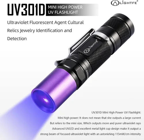 Miniatura 3 de Linterna UV de Luz Negra 365nm Blacklight UV301D con Fuente LED LG, Lente de Filtro Negro, Máx. 3000mW de Alta Potencia para Luz de Curado