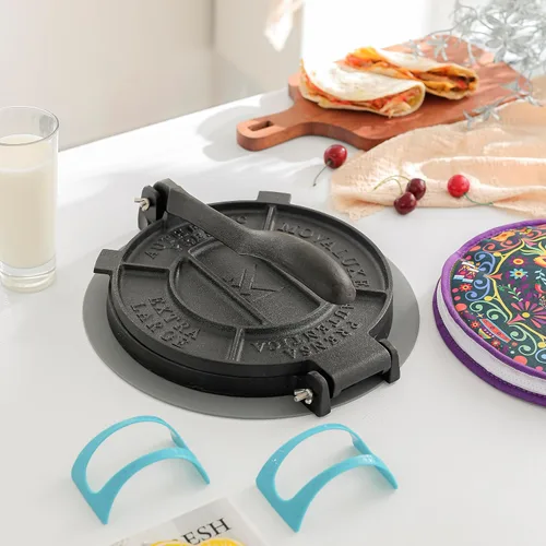 Miniatura 3 de Movaluxe® Prensa de tortilla de hierro fundido de 10 pulgadas XL - Máquina para hacer maíz y harina Roti Prensador de tortillera resistente. Con