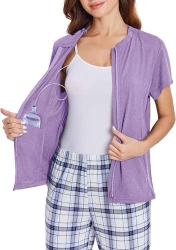 Miniatura 16 de Deyeek Camisas de mastectomía con bolsillos de drenaje Tops post cirugía de hombro para mujeres con puerto de quimio manga corta con cremalleras