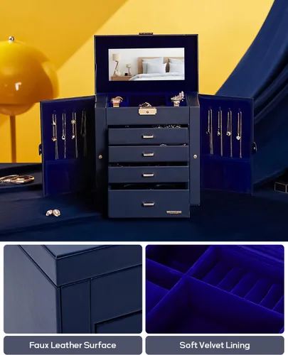 Miniatura 60 de Homde Regalos de Navidad de cuero sintético, enorme joyero, organizador de reloj con espejo, collar, anillo y aretes, estuche de regalo con Dorado
