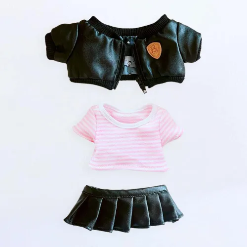 Miniatura 6 de niannyyhouse Muñeca de peluche de 7.9 in, chaqueta de piel, falda a rayas, camiseta de 8 pulgadas, ropa de muñeca de peluche (A-Girl)