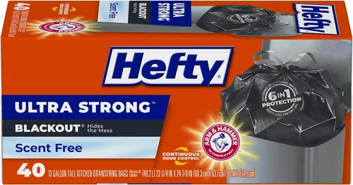 Hefty Bolsas de basura ultra fuertes de 13 galones, bolsas de basura negras altas para cocina, tamaño de 13 galones, cierre con cordón resistente a