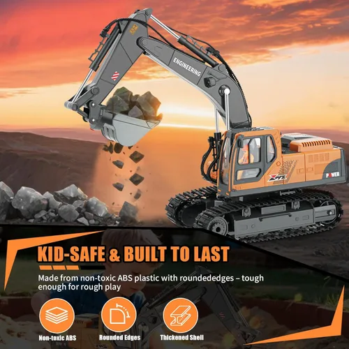 Miniatura 5 de Juguete de excavadora RC para niños 3-12, cubo 3 en 1, garra/taladro, camión de construcción de 2.4 GHz de 14 canales con rotación de 680°, batería