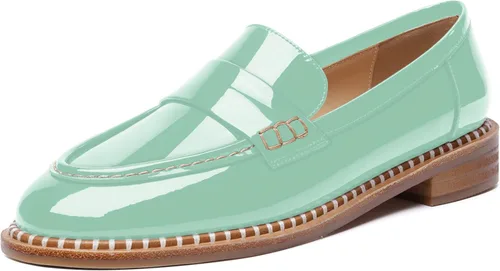 Miniatura 14 de FOGEENA Mocasines de tacón bajo para mujer, estilo casual, puntera redonda, de charol grueso, de 1 pulgada