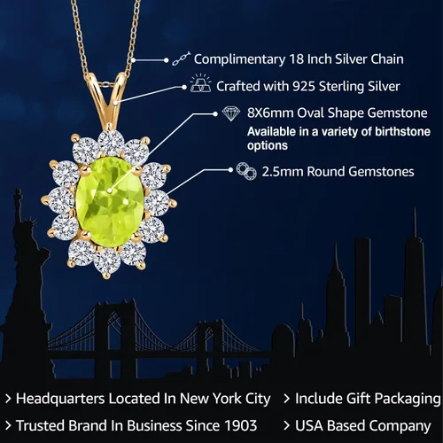 Miniatura 39 de Gem Stone King Collar con piedra natal ovalada de plata chapada en oro amarillo de 18 quilates, ovalado de 0.315 x 0.236 in, collares con colgante