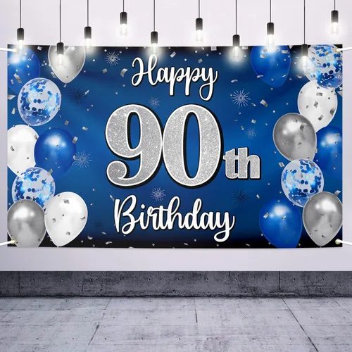 Decoraciones de Feliz 90º Cumpleaños, Globo Azul y Plateado del 90º Cumpleaños Pancarta Grande Telón de Fondo Letrero, Salud por Noventa Años