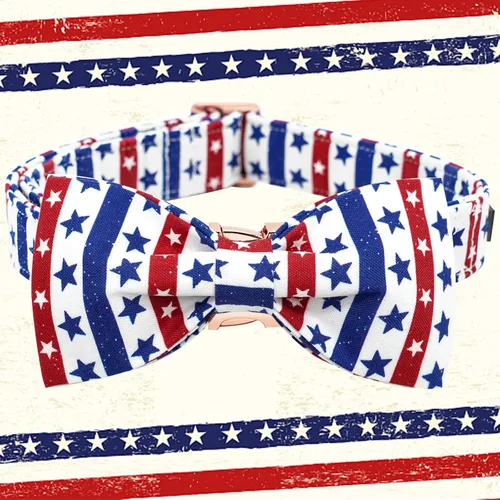 Miniatura 3 de Elegant little tail Independence - Collar patriótico para mascotas con pajarita para mascotas del 4 de julio de algodón suave para mascotas
