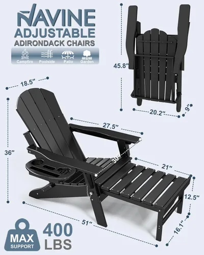 Miniatura 3 de NAVINE Silla Adirondack ajustable con reposapiés retráctil, Silla Adirondack plegable de HDPE con portavasos, Silla Adirondack para todo el tiempo