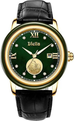 Diella Luxury Dress Watches for Men with Japanese Quartz Movement, Men's Classic Wrist Watches with Black Leather Band, Dark Jade, Gold and Steel