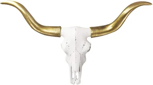 Wall Charmers - Calavera de cuerno largo de imitación de cuernos largos blancos y dorados, decoración de pared de cabeza de animal de taxidermia