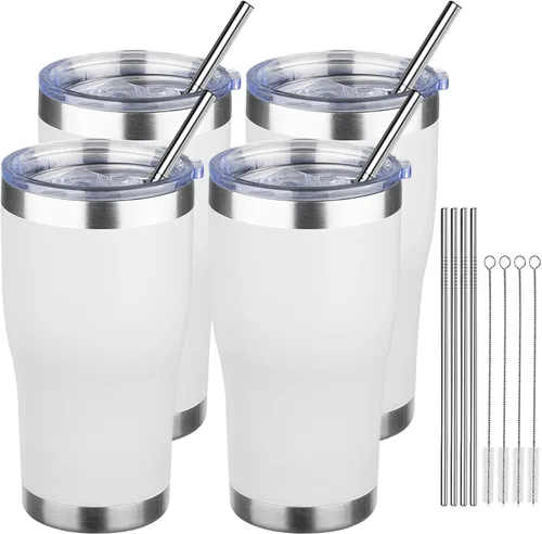 Miniatura 19 de MEZMUT - Paquete de 4 unidades de vaso de café aislado de 20 onzas con tapa y popote, vaso de viaje de acero inoxidable de doble pared