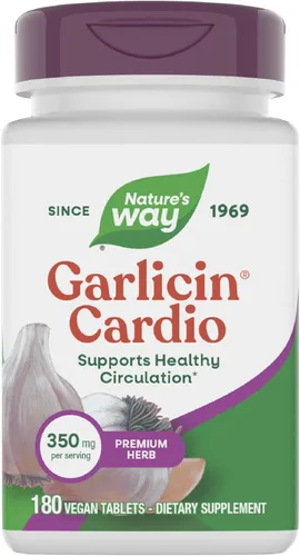Nature's Way Garlicin Cardio, Premium Herbal, apoya la circulación saludable*, sin sabor a ajo, suplementos de ajo vegano, 180 tabletas (el embalaje