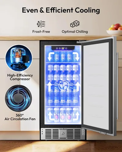 Miniatura 5 de EUHOMY Refrigerador de bebidas de 15 pulgadas, refrigerador de bebidas para 127 latas con puerta de acero inoxidable, enfriador de bebidas