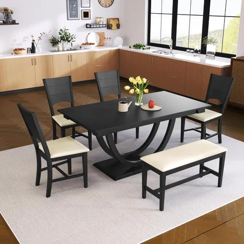 Miniatura 10 de Merax Juego de mesa de comedor de granja de 6 piezas, mesa de cocina media redonda de madera de 59.1 pulgadas con 4 sillas de comedor y banco largo