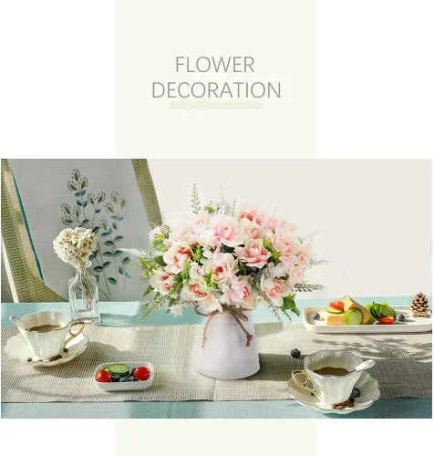 Miniatura 8 de LESING Flores artificiales con jarrón para centros de mesa, flor de gardenia de seda falsa en decoración de jarrón para fiesta en casa oficina (rosa)