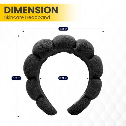 Miniatura 4 de Juego de diadema y pulsera de spa negro, kit de lavado facial de 3 piezas para cuidado de la piel y maquillaje, diadema de tela de rizo hinchada