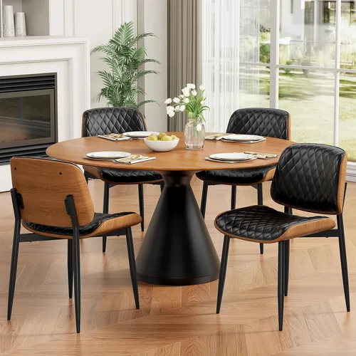 Miniatura 38 de REONEY - Juego de 4 sillas de comedor, modernas de mediados de siglo, tapizadas en piel sintética PU con respaldo de madera curvada de nogal y patas