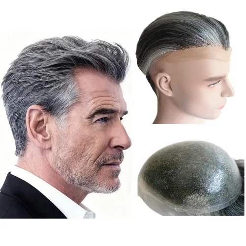Miniatura 12 de N.L.W. Peluquín de cabello humano para hombres, base de piel fina de 0.04mm PU, tamaño base 25 x 20 cm, nudos en V, prótesis capilar, sistema