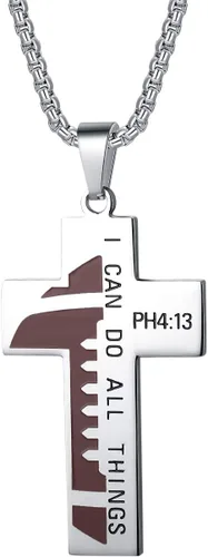 Susook Collar de cruz de fútbol para hombre, versículo de la Biblia, dije deportivo de acero inoxidable con texto en inglés "I CAN DO All Things"