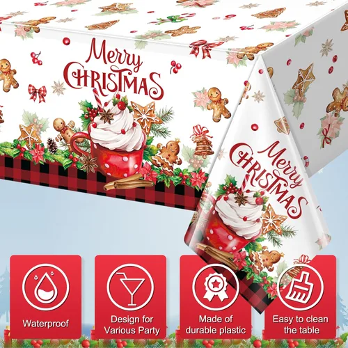 Miniatura 3 de 3 piezas de manteles de fiesta Feliz Navidad a cuadros de búfalo de pan de jengibre, cubierta de mesa rectangular de plástico rojo y negro a cuadros