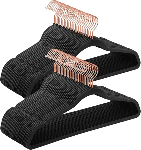 SONGMICS Perchas delgadas de terciopelo, perchas antideslizantes con ganchos giratorios de oro rosa, ahorro de espacio, para armario, paquete de 50,