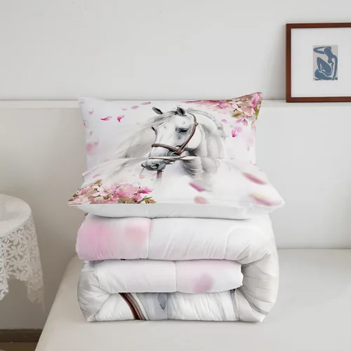 Miniatura 5 de Erosebridal Juego de funda de edredón para niñas con temática de caballos, chic, con flores de cerezo, para niños y adolescentes, con caballos al
