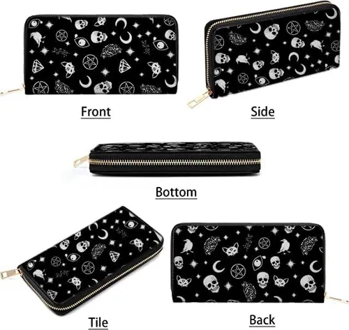 Miniatura 4 de Cartera larga con cremallera para mujer, organizador multifunción, bolso de mano, gato calavera, Cartera larga con cremallera alrededor