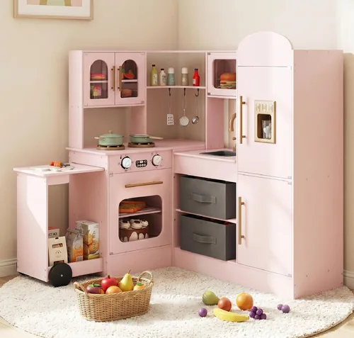 Miniatura 10 de INFANS Cocina esquinera para niños, juego de madera con carrito telescópico, luces realistas, sonidos, máquina de hielo, cajones de tela, horno