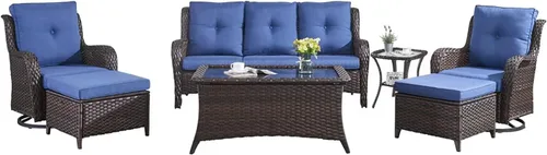 Miniatura 115 de HUMMUH Sillas Mecedoras Giratorias de Mimbre para Patio Exterior con Respaldo Alto, Sillas Deslizantes de Ratán PE, Juego de Muebles de Patio de 4