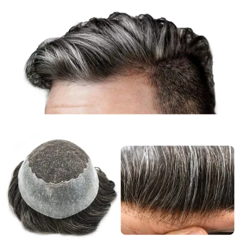 Miniatura 51 de Toupee para hombres, sistema de reemplazo de cabello humano Remy, nudos blanqueados, encaje frontal, piel fina, para hombre, color gris, pelucas